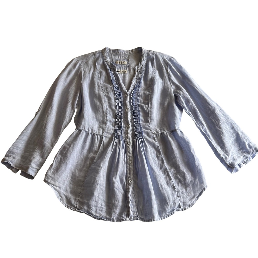 Malvin Love Linen Pintuck Front Collarless Pale Blue 3/4 Sleeve Button Blouse M